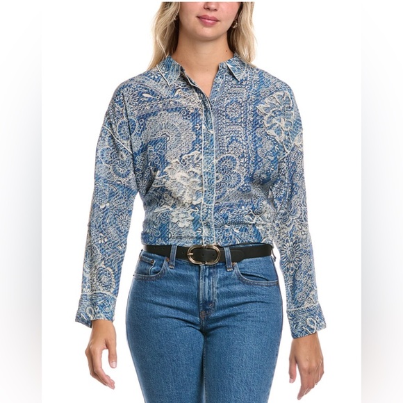 Johnny Was Martijn Blue Silk Shirt in Denim Embroidery Print Sz XS